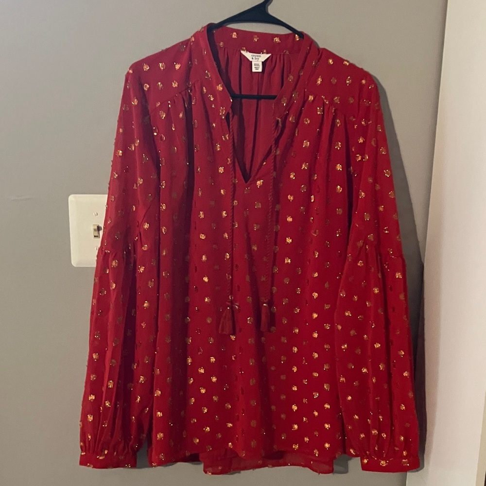 Crown & Ivy Red Long Sleeve Blouse with Gold Details Sz XXL